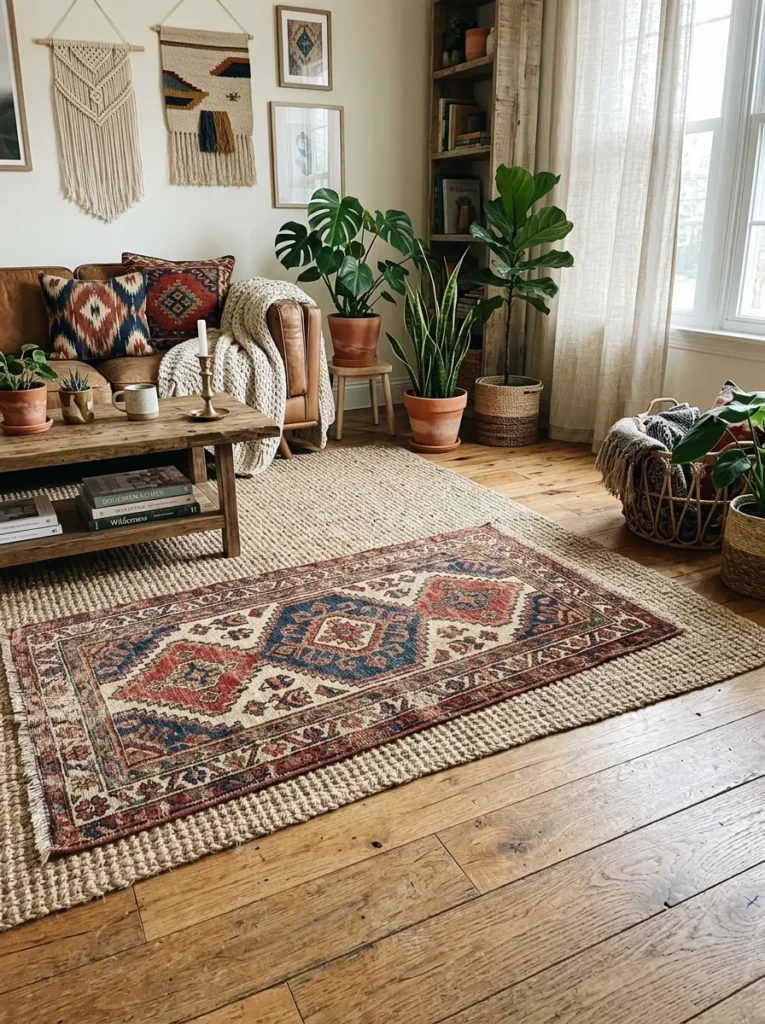 Jute rug layered with a patterned runner in a stylish summer bedroom.