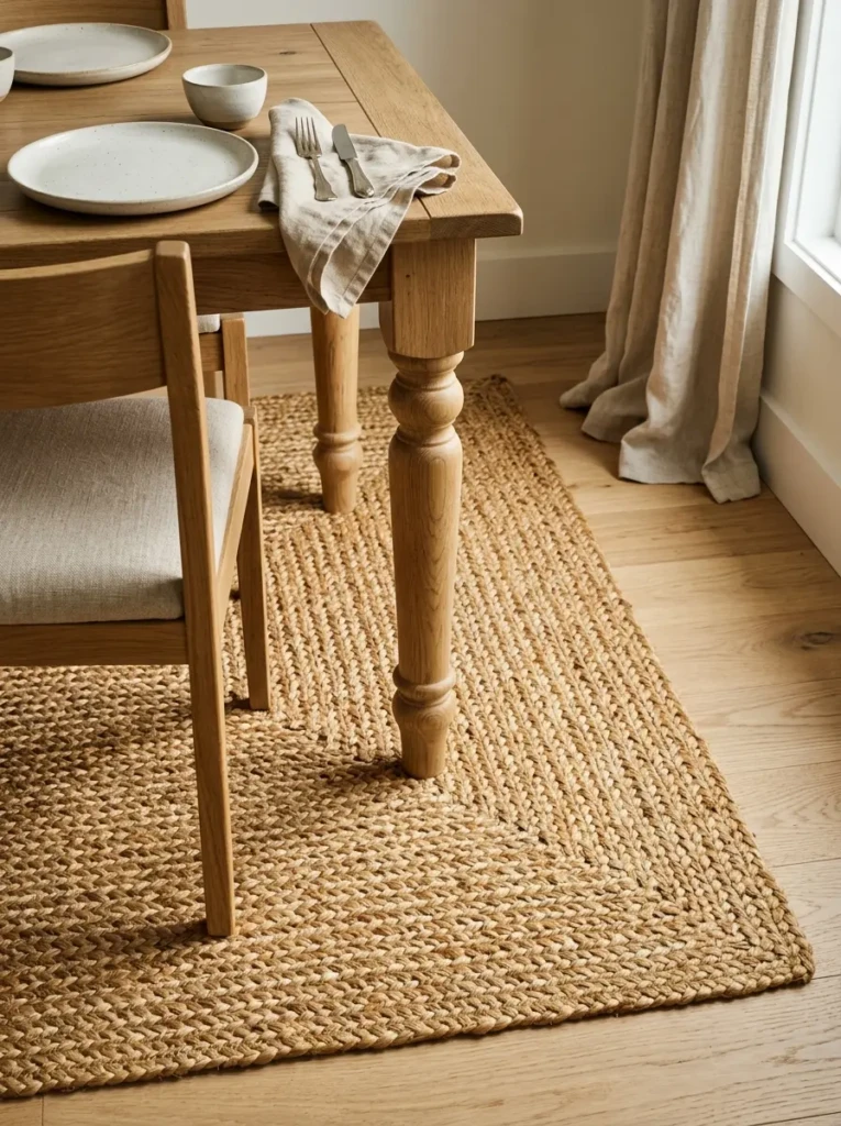 Large jute rug under a dining table with linen curtains and warm wood furniture.