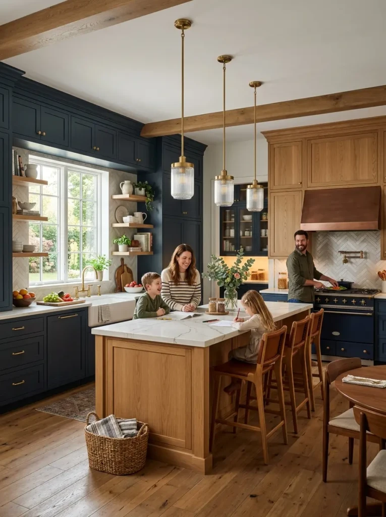 Stunning kitchen featuring a blend of modern and classic cabinet styles in a warm inviting setting.