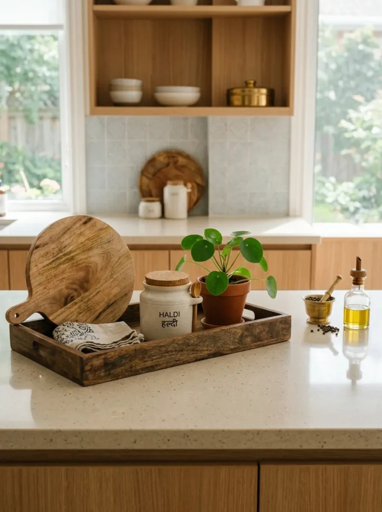 Organized kitchen countertop with a wooden board, ceramic jar, plant, and decorative tray.