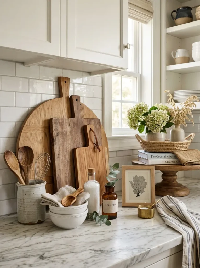 Elegant coastal kitchen featuring decorative accessories and natural textures.