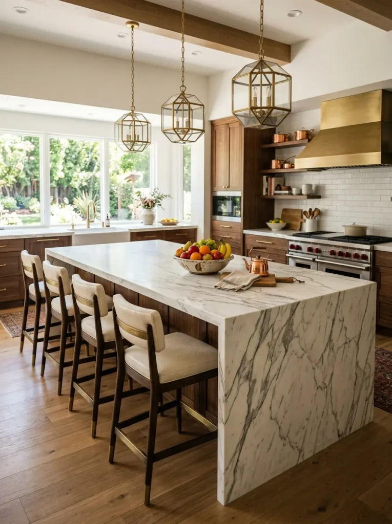 Large marble kitchen island with stylish bar stools and pendant lighting in a luxury chefs kitchen.