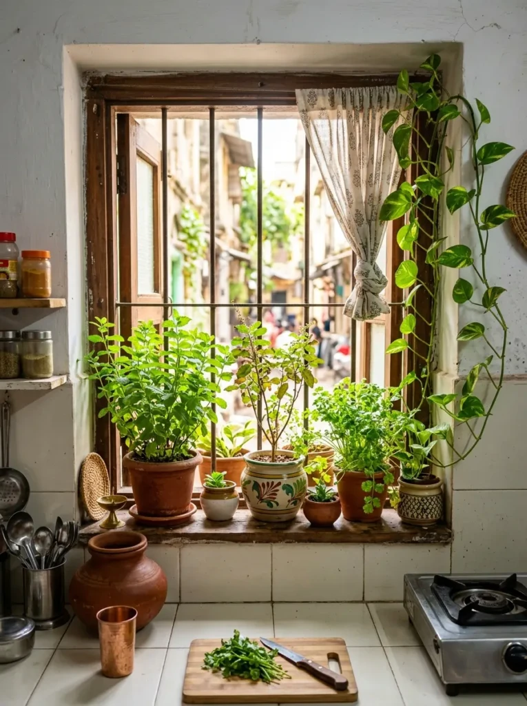 Bright kitchen window decorated with mint, tulsi, coriander, and trailing indoor plants.