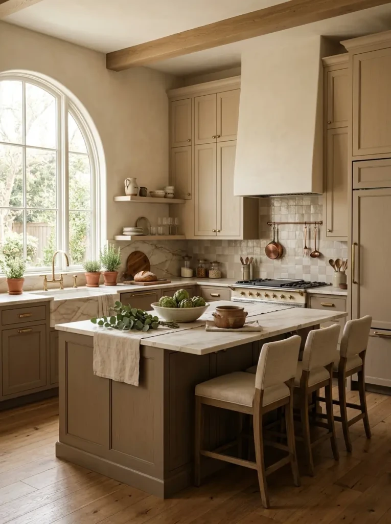 Elegant kitchen featuring beige and taupe cabinets with soft textures and warm finishes.