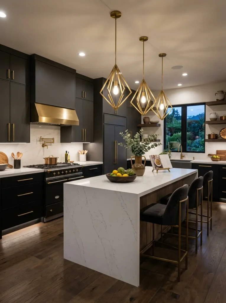 Luxury kitchen featuring matte black cabinets, bright countertops, and dramatic lighting.