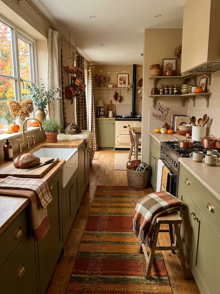 Cozy kitchen featuring a runner rug and autumn-inspired fabric accents.