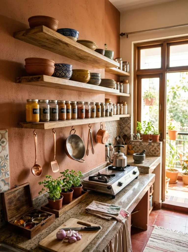 Wooden floating shelves holding ceramic bowls, spice jars, copper utensils, and small plants in a cozy kitchen.