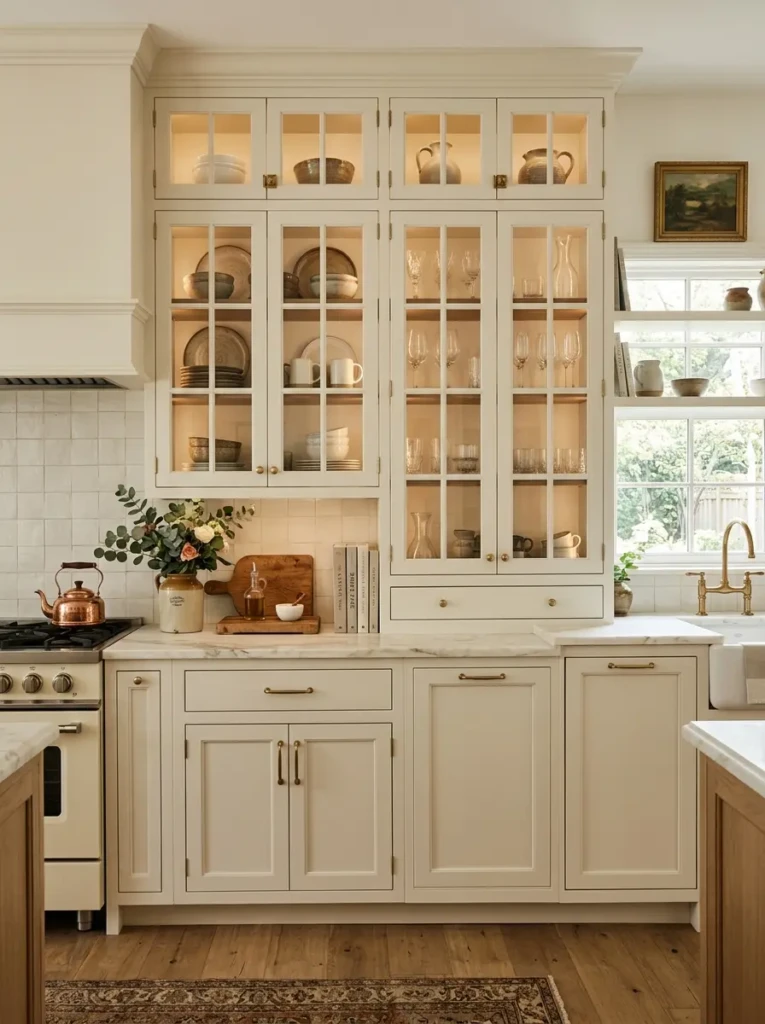 Elegant kitchen showcasing glass-front cabinets filled with curated dishes and glassware.