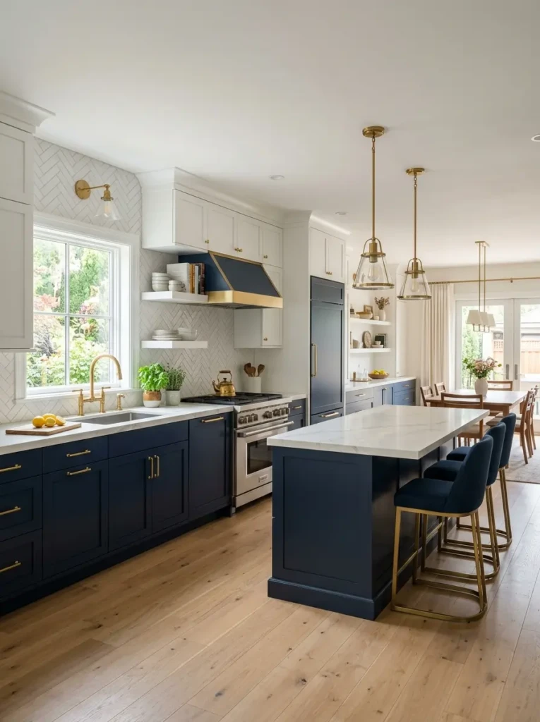 Modern kitchen with navy lower cabinets, white upper cabinets, and elegant contrasting finishes.