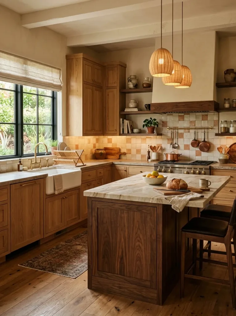 Kitchen featuring rich wood cabinets, stone countertops, and warm earthy textures creating a welcoming feel.