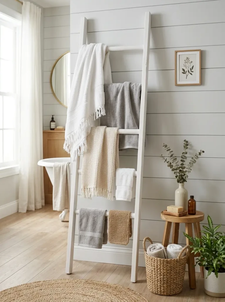 White ladder towel rack with softly draped towels creating a relaxed designer look.