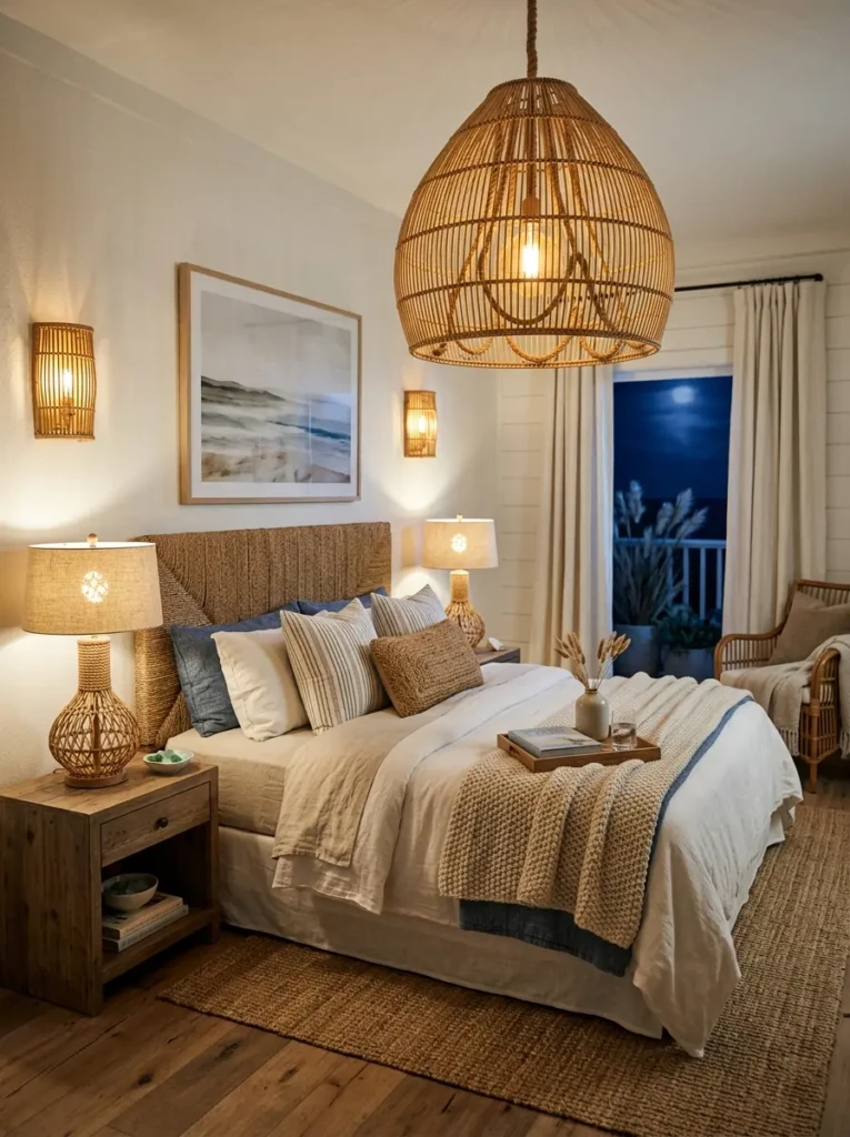Beach bedroom featuring woven lamps and soft ambient lighting