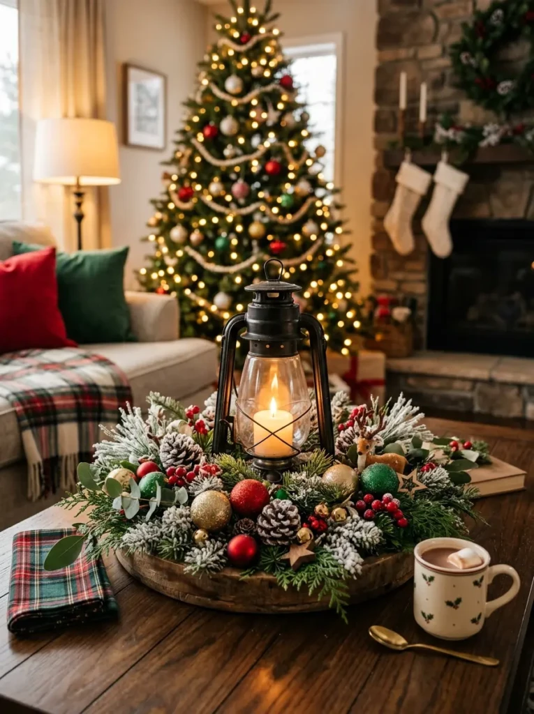 Christmas lantern surrounded by greenery, ornaments, and seasonal holiday decorations