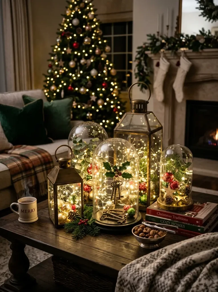 Glass lanterns filled with twinkling fairy lights and festive decorations on a cozy Christmas coffee table.