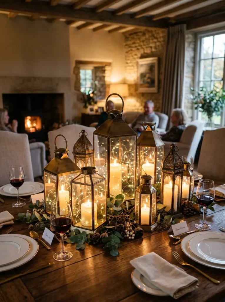 Lanterns filled with candles and fairy lights creating a warm table centerpiece.