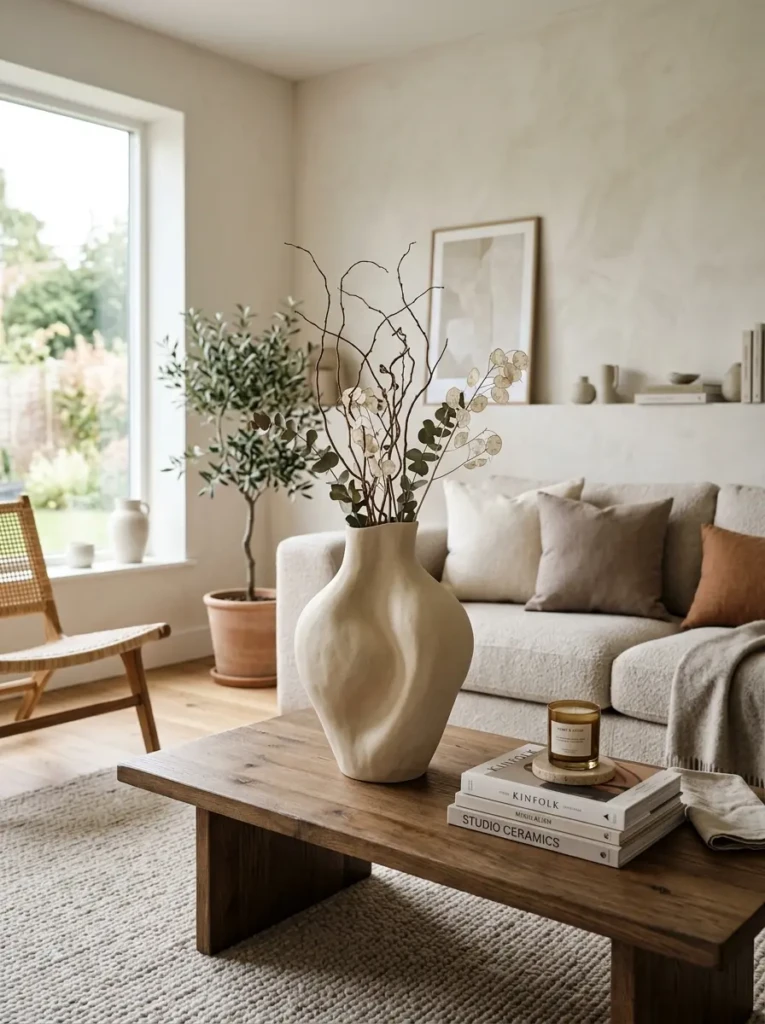 Large sculptural ceramic vase serving as the focal point of a modern coffee table arrangement.