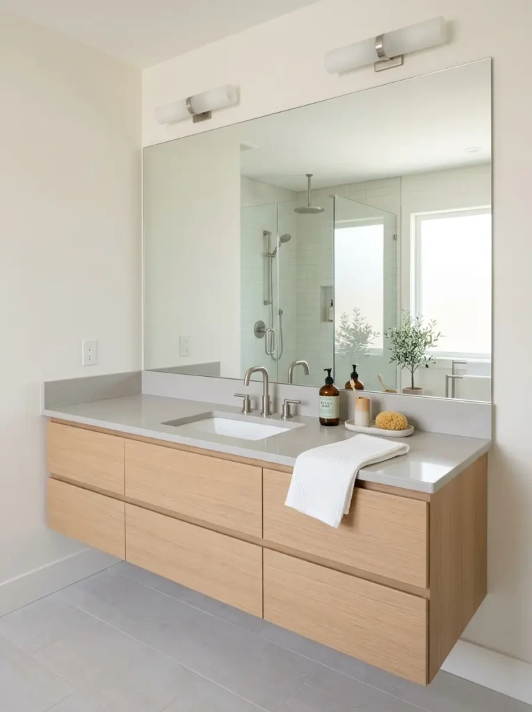Oversized frameless mirror above a sleek vanity in a modern bathroom.