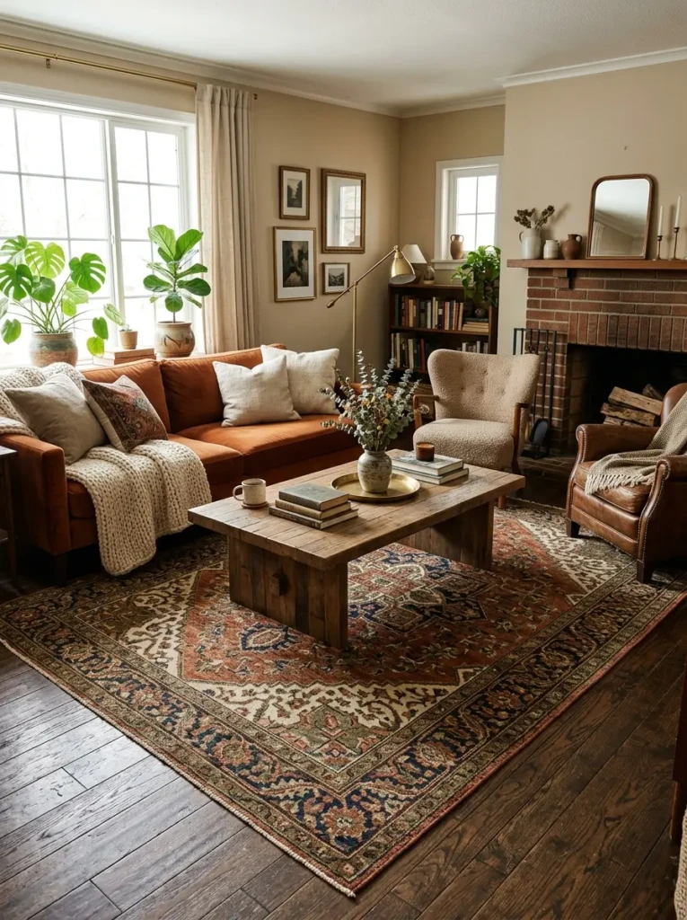 Elegant living room anchored by a patterned rug and layered cozy textures.