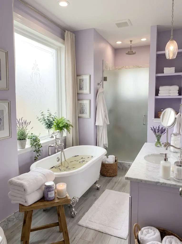 Soft lavender bathroom with silver accents, fluffy towels, and calming spa-like ambiance.