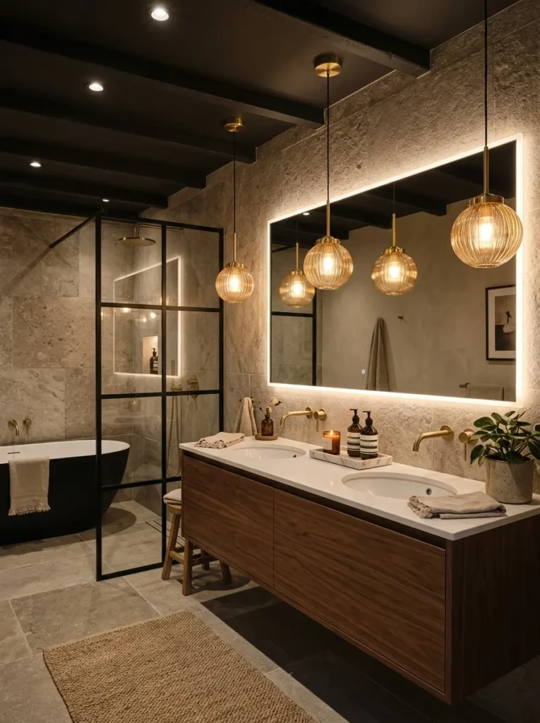 Modern bathroom featuring decorative pendant lights and illuminated mirrors.