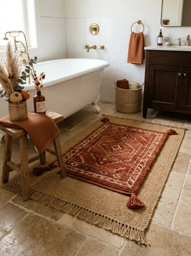 Decorative rust and camel-toned rugs creating texture in a cozy bathroom.