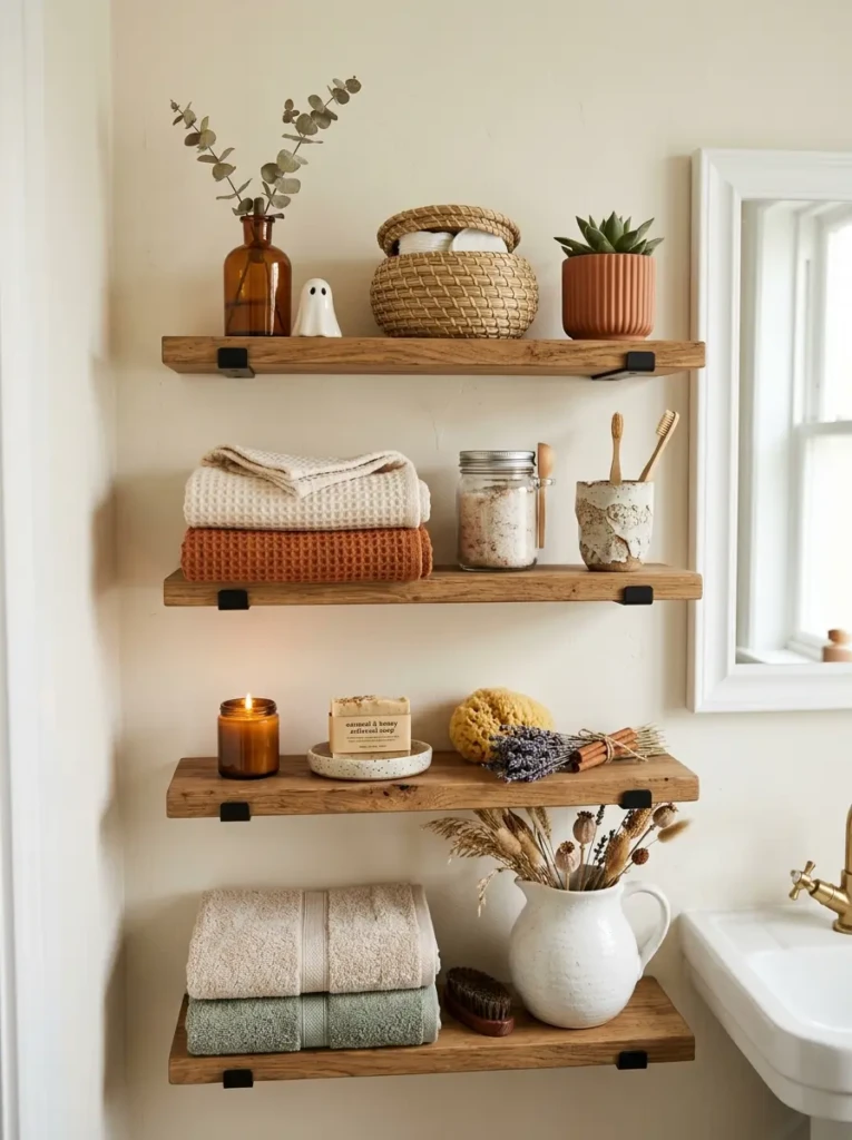 Layered decorative items on floating shelves creating a warm fall bathroom display.
