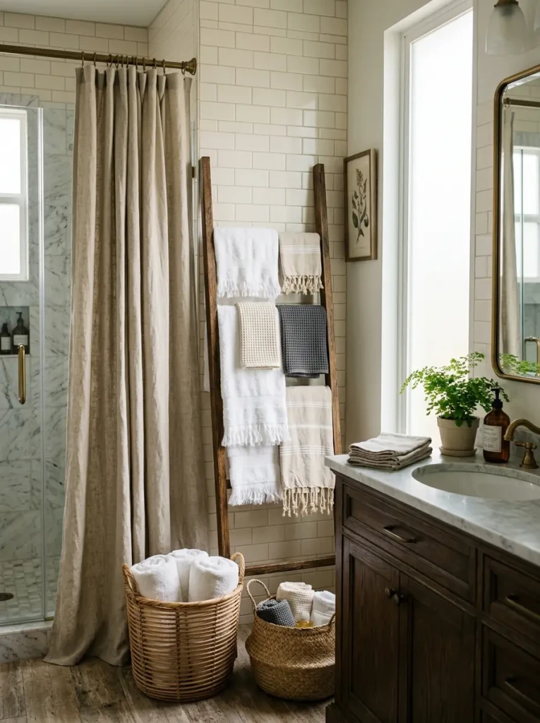 Linen shower curtain, woven baskets, and premium cotton towels in a stylish bathroom