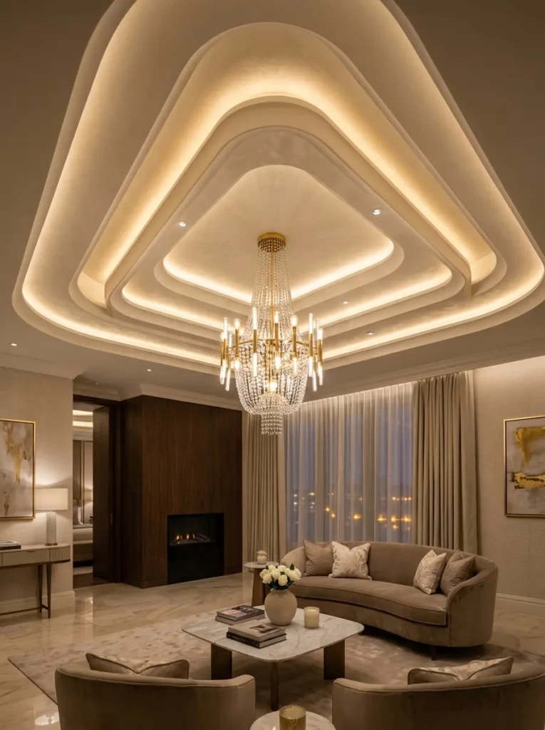 Sophisticated bedroom featuring a layered ceiling, cove lighting, and a statement chandelier.