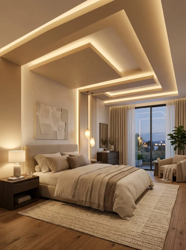 Elegant layered false ceiling featuring warm LED lighting and neutral bedroom décor.