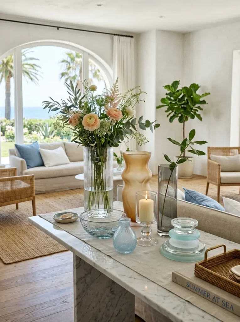 Sophisticated glass accessories styled throughout an airy living room.