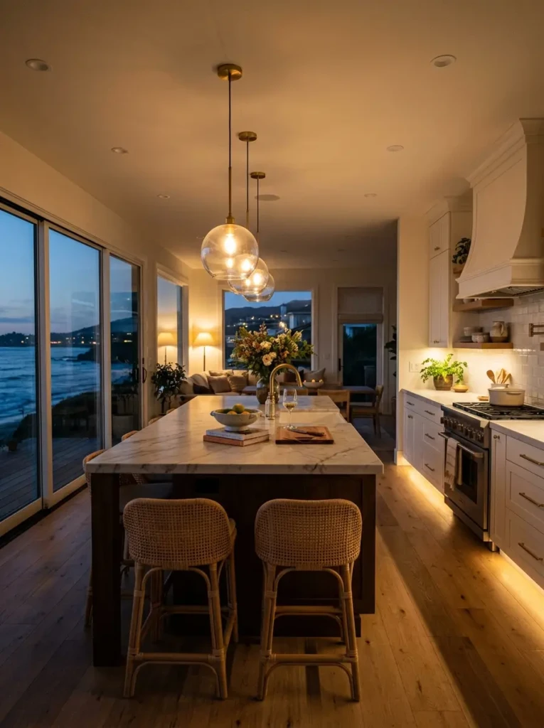 Coastal kitchen illuminated with pendant, task, and ambient lighting.