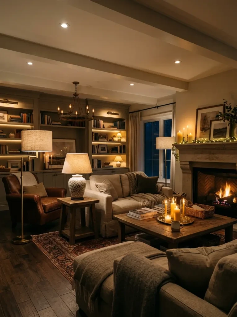 Table lamps, floor lamps, and candles providing a soft welcoming glow.