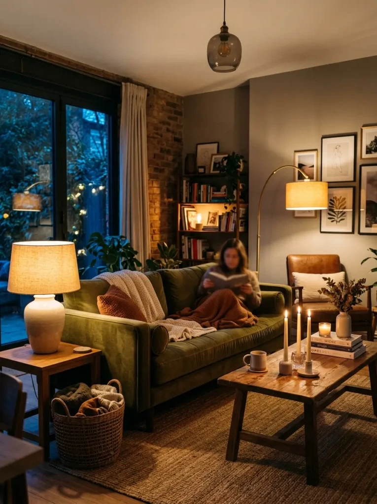 Stylish living room with table lamps, candles, and warm ambient light creating a cozy mood.