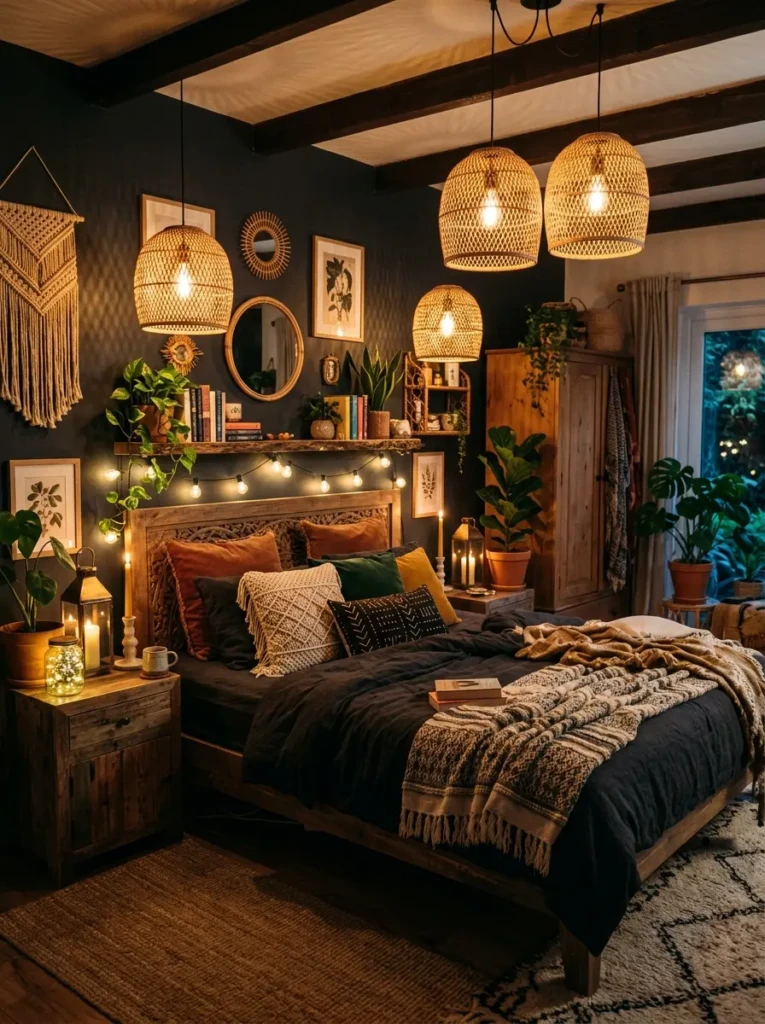 Bedroom decorated with pendant lights, lanterns, and candles.