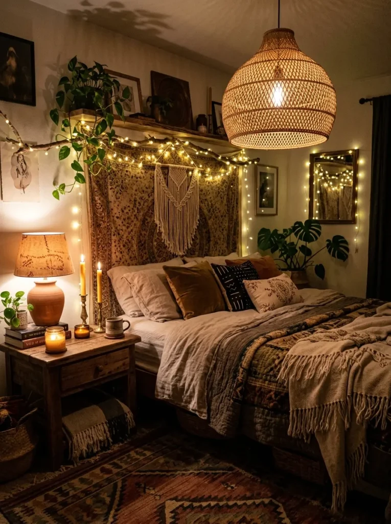 Fairy lights, woven lamps, and candles creating a warm boho atmosphere.