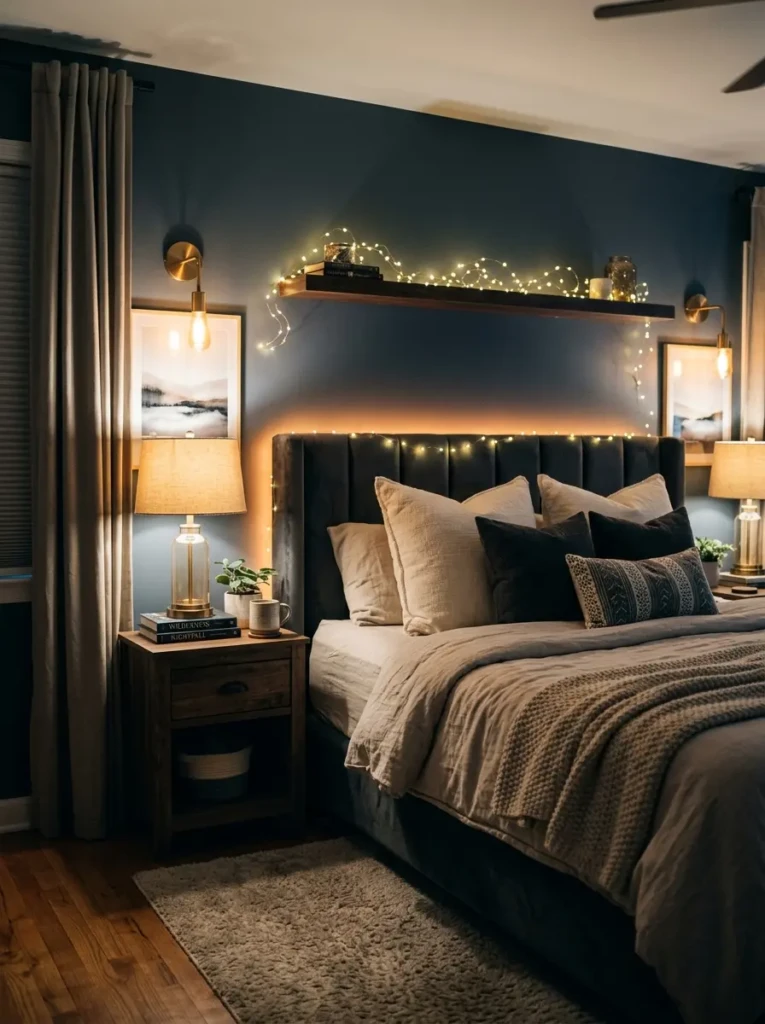 Fairy lights, bedside lamps, and sconces adding warmth to a pink bedroom