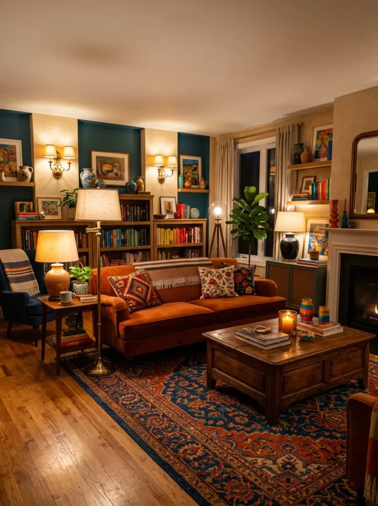 Floor lamps, table lamps, and sconces creating depth in a colorful living room.