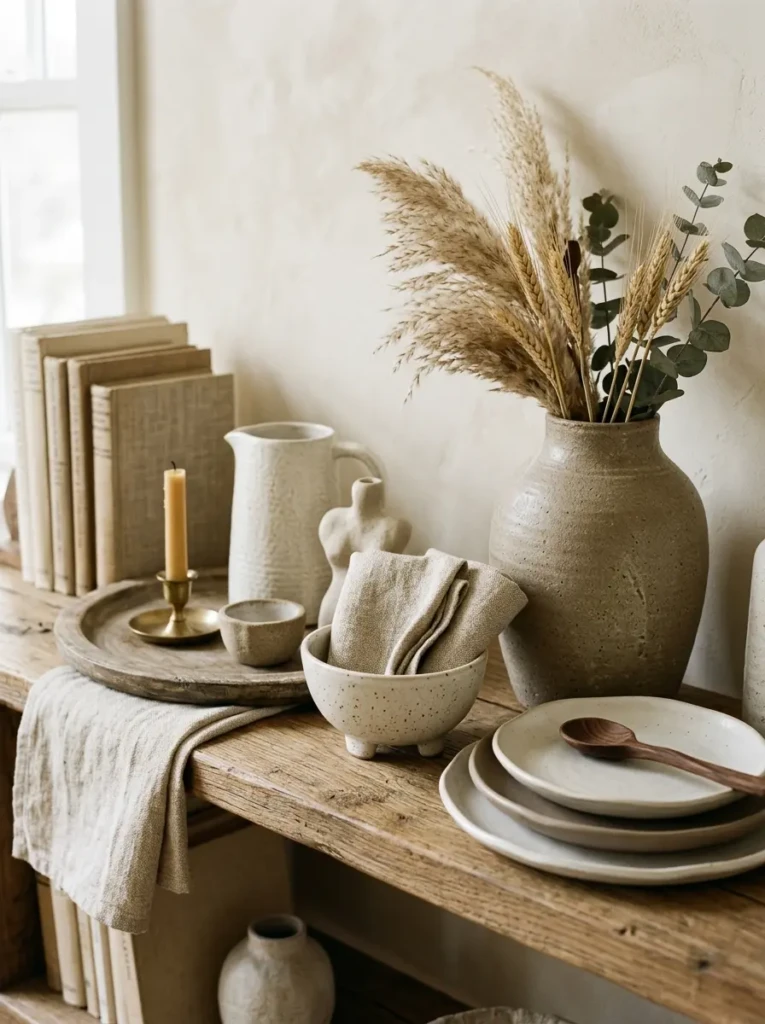 Stoneware, linen, and ceramic decor arranged in neutral tones