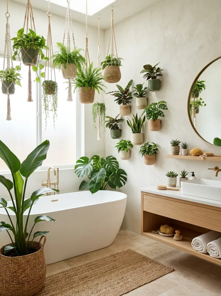 Bright bathroom decorated with hanging planters and thriving green houseplants.