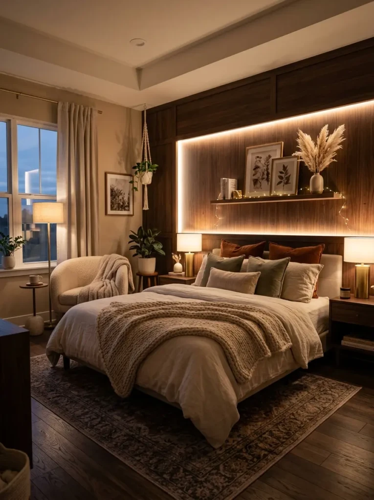 Beautiful bedroom with layered LED lighting, cozy textures, and a warm inviting aesthetic design.