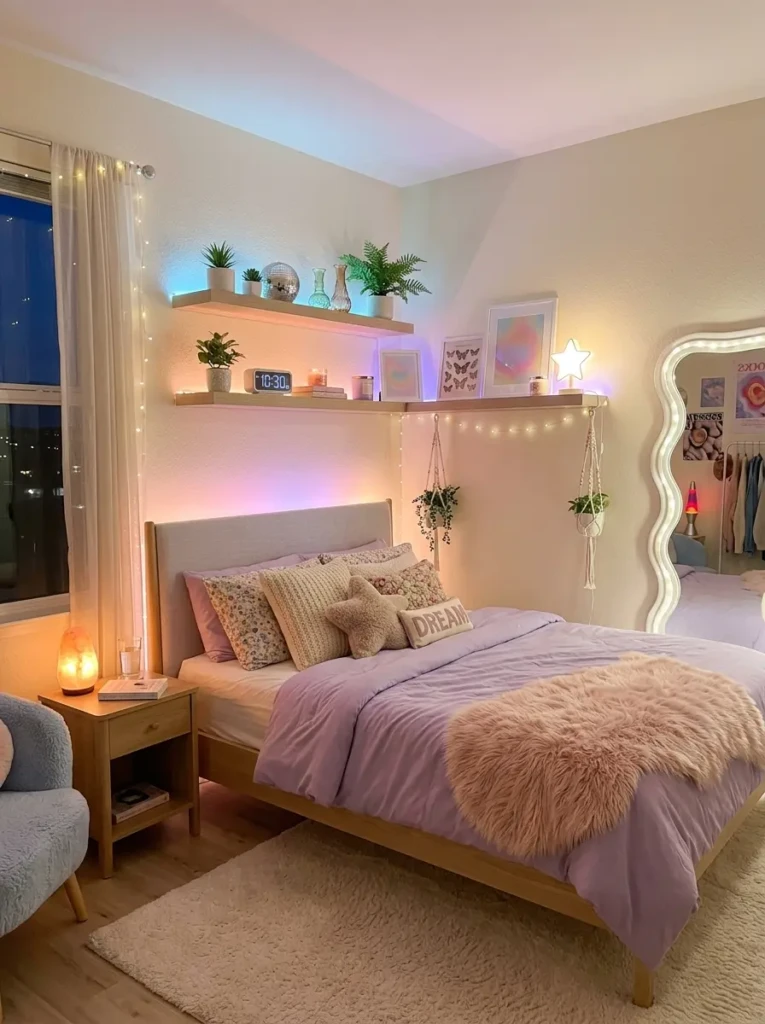 LED strip lights installed behind shelves and furniture in a stylish Y2K bedroom.