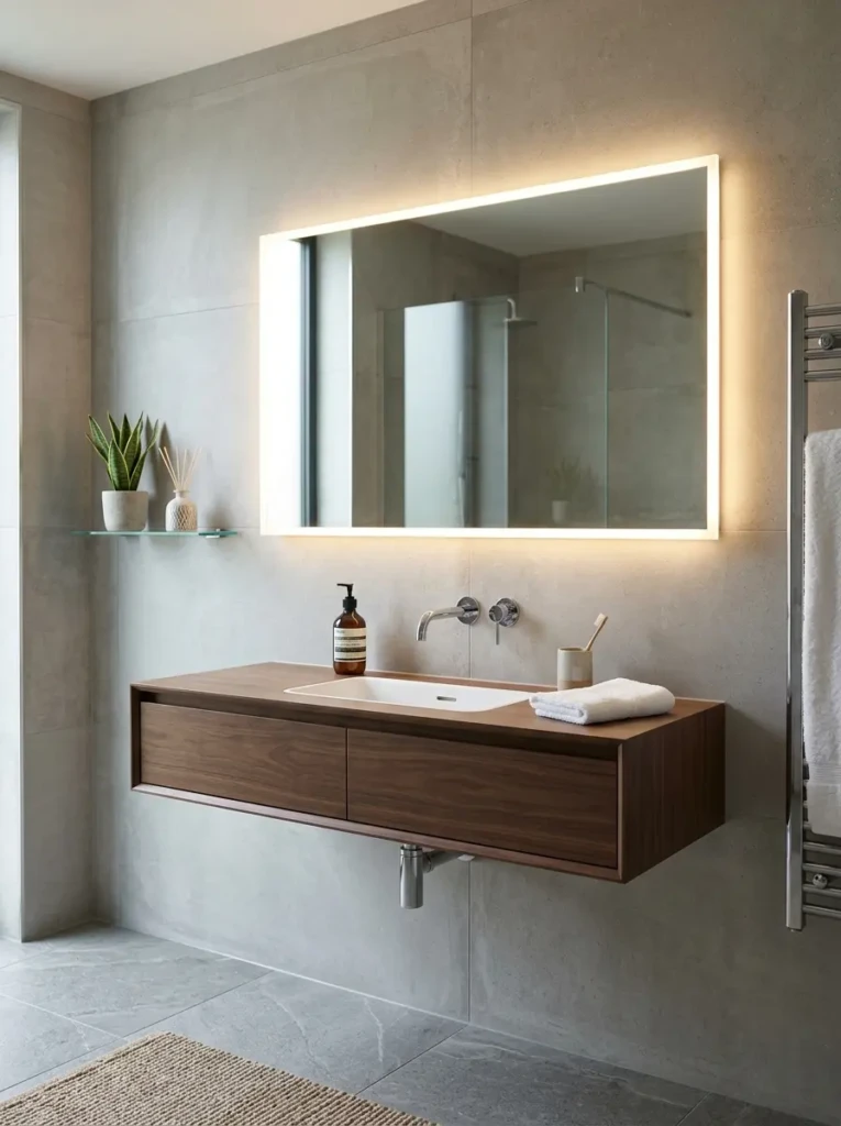 Contemporary bathroom featuring an illuminated mirror above a floating vanity.