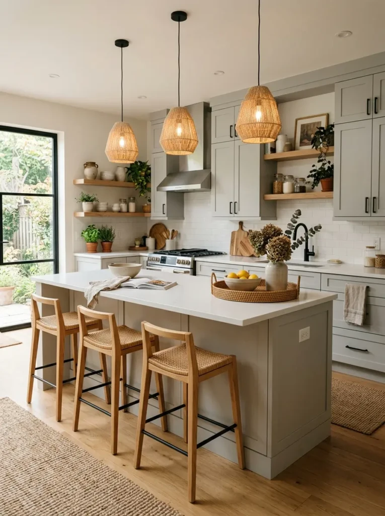 Light gray kitchen cabinetry complemented by wood stools, woven décor, and warm lighting.