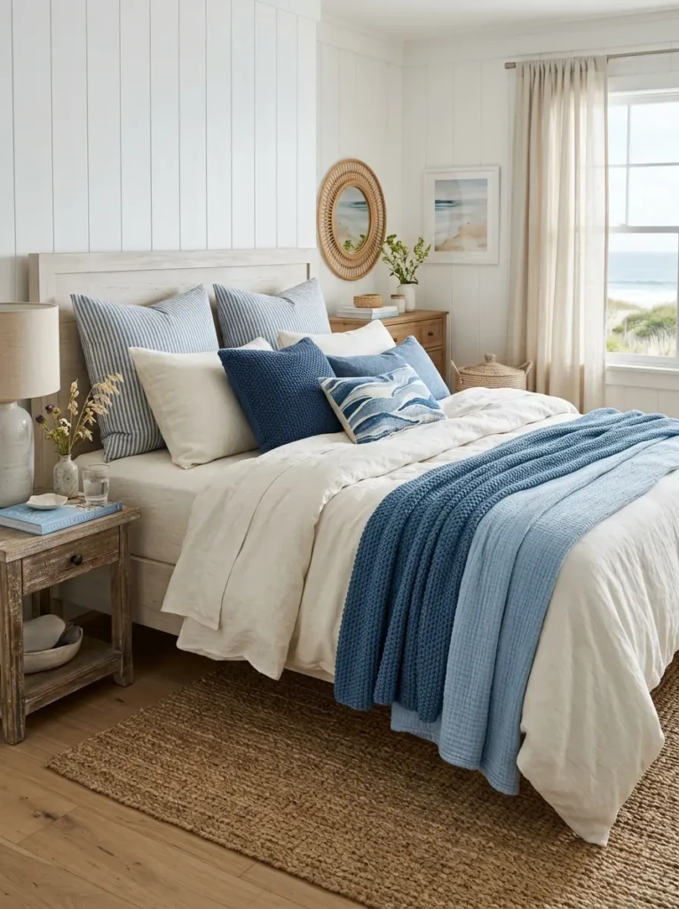 Linen bedding with blue accents arranged in an effortless beach aesthetic