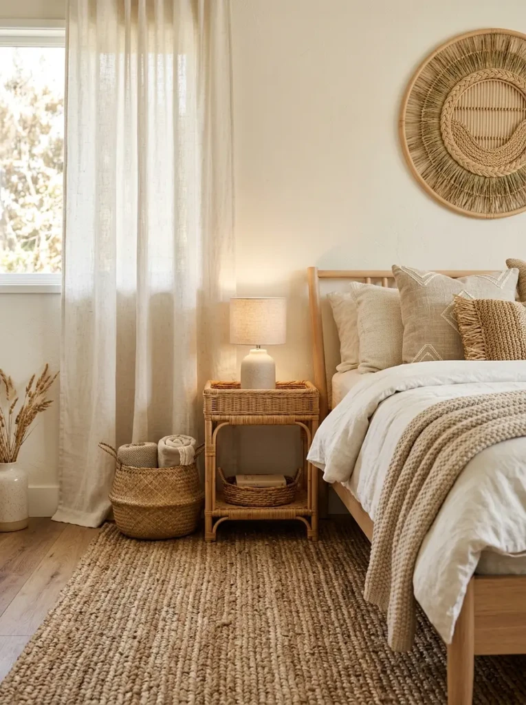 Close-up of woven and linen textures in a cozy coastal bedroom