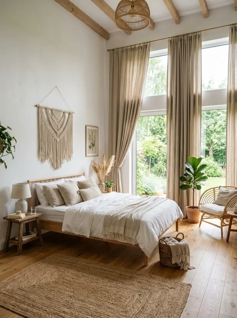 Bright boho bedroom featuring ceiling-height linen curtains and abundant daylight.