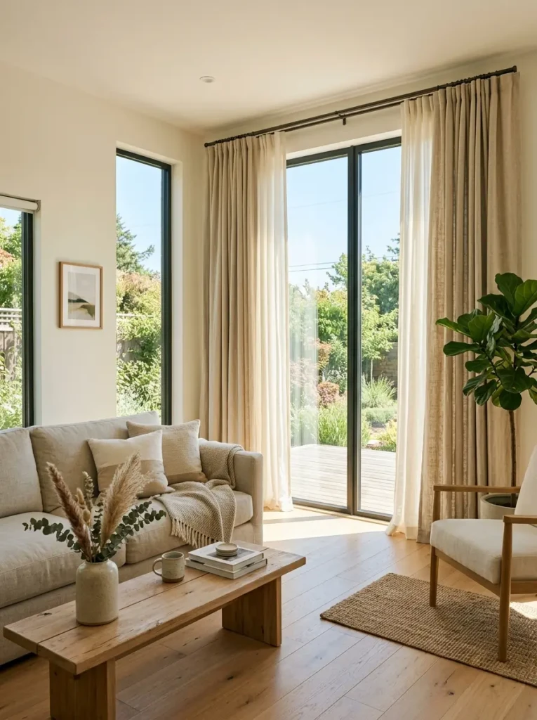 Ivory and beige linen curtains allowing natural light to brighten a cozy interior.