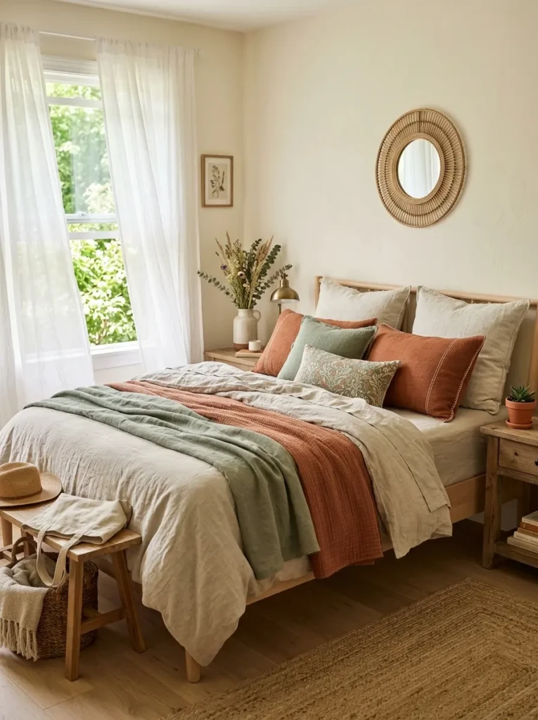 Boho bed layered with linen pillows, textured fabrics, and earthy summer colors.
