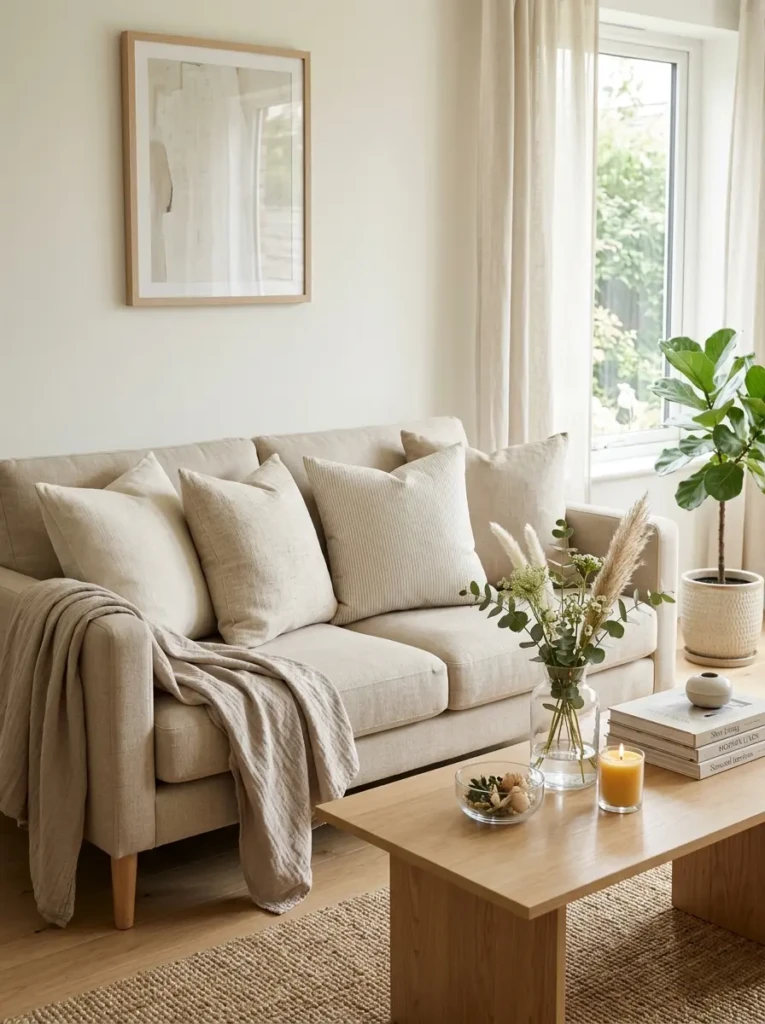 Neutral pillows, lightweight throws, and glass accents creating an open feel.