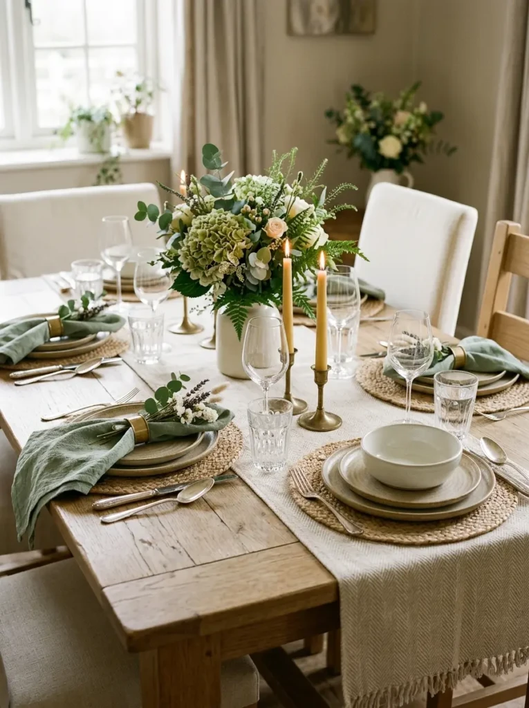 Linen runner, woven placemats, and textured napkins on a beautifully styled dining table.